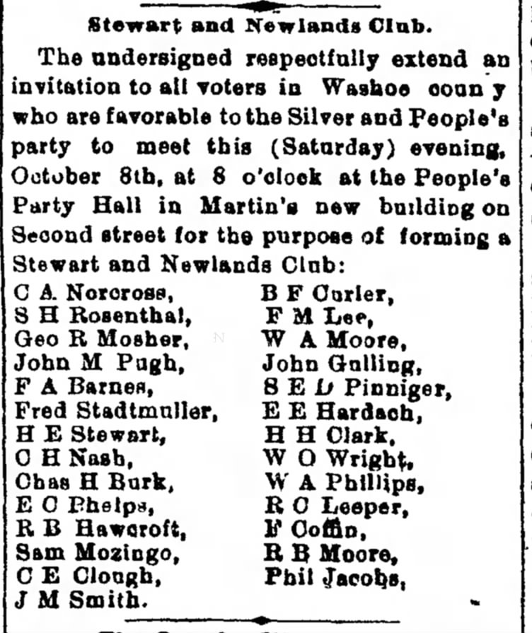 1892 Oct 2 Sam Rosenthal in Stewart and Newland Club in support of the Silver & Peoples's Party