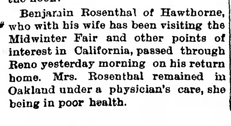1894 May 2 Ben Henley Returns from Fair, Vesta stays in Oakland in Poor health