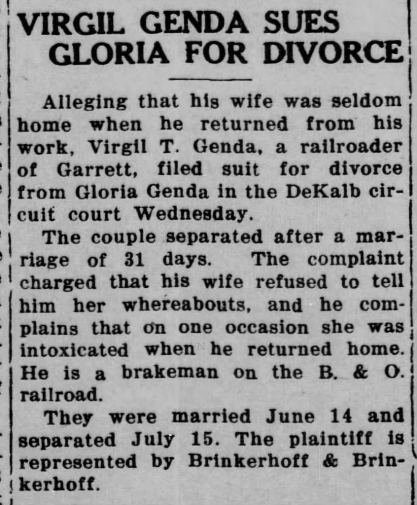 Virgil and Gloria Genda divorce suit