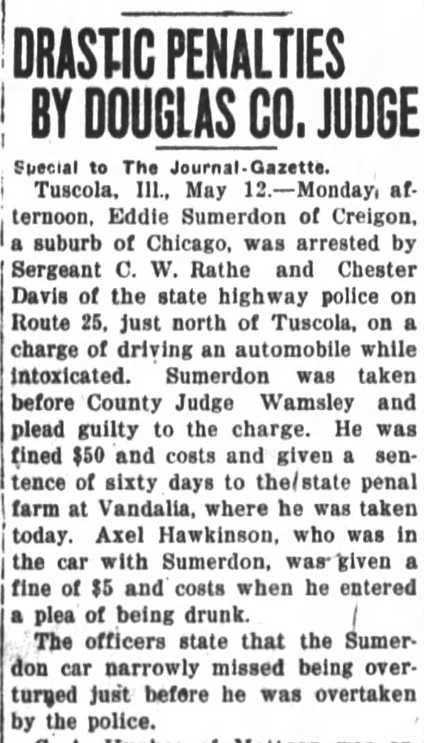 Eddie Sumerdon arrested for drunk driving in Mattoon, Il, 12 May 1926