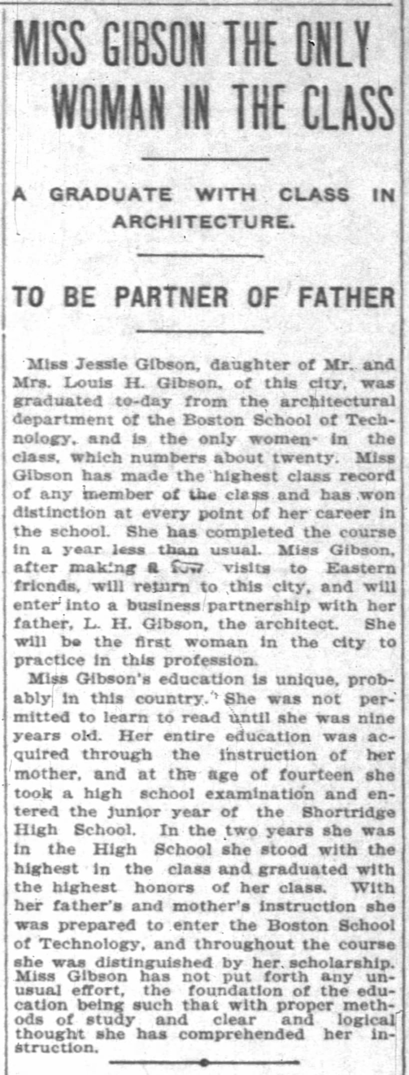 Jessie Gibson to be partner of father. Indianapolis News, June 9, 1903, pg. 7