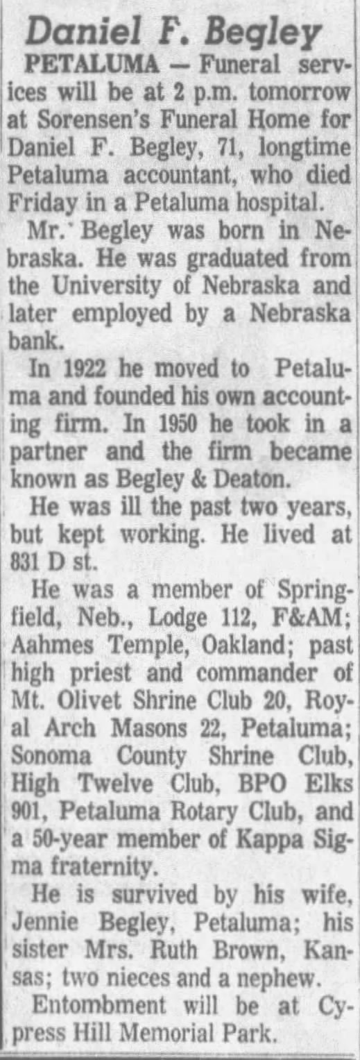 Daniel F. Begley Obituary 1963