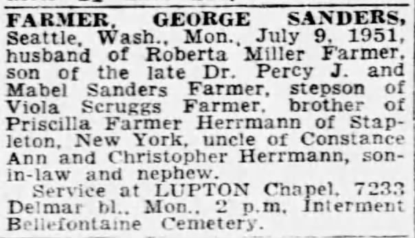 12 July, 1951 George Farmer Death Announcement St. Louis Post Dispatch