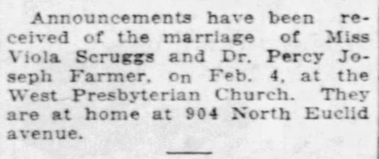 Marriage Announcement, Percy J. Farmer & Viola Scruggs, St. Louis Post Dispatch Society Feb.13, 1924
