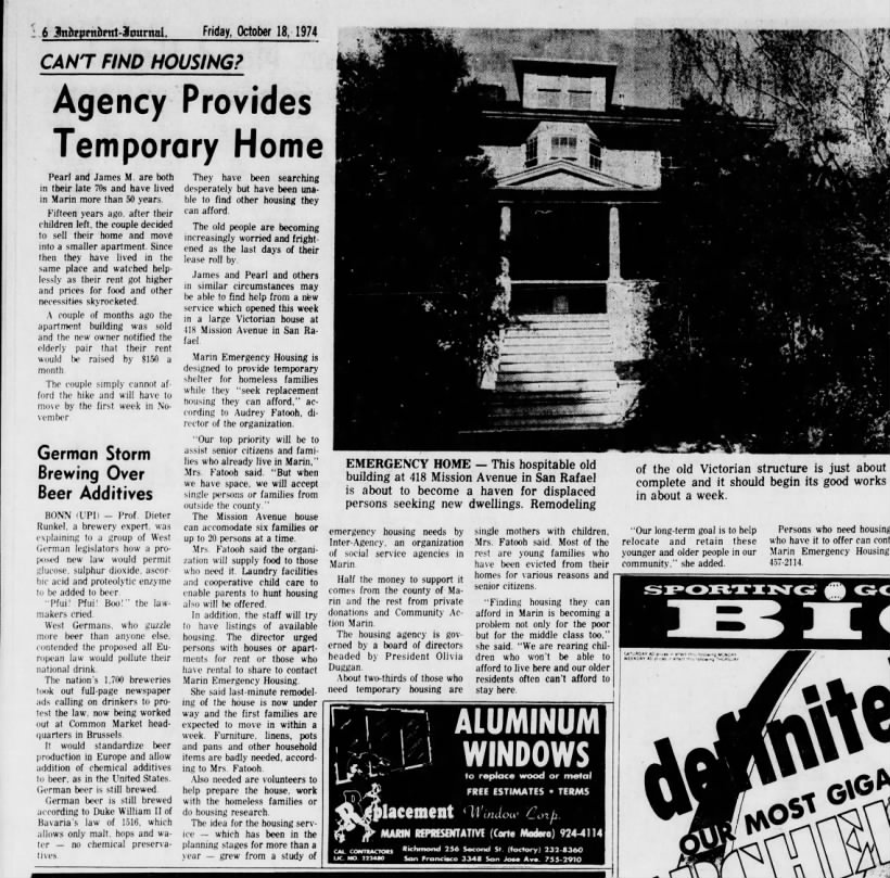 1974 San Rafael Homeless Shelter
Marin Emergency Housing 
418 Mission St