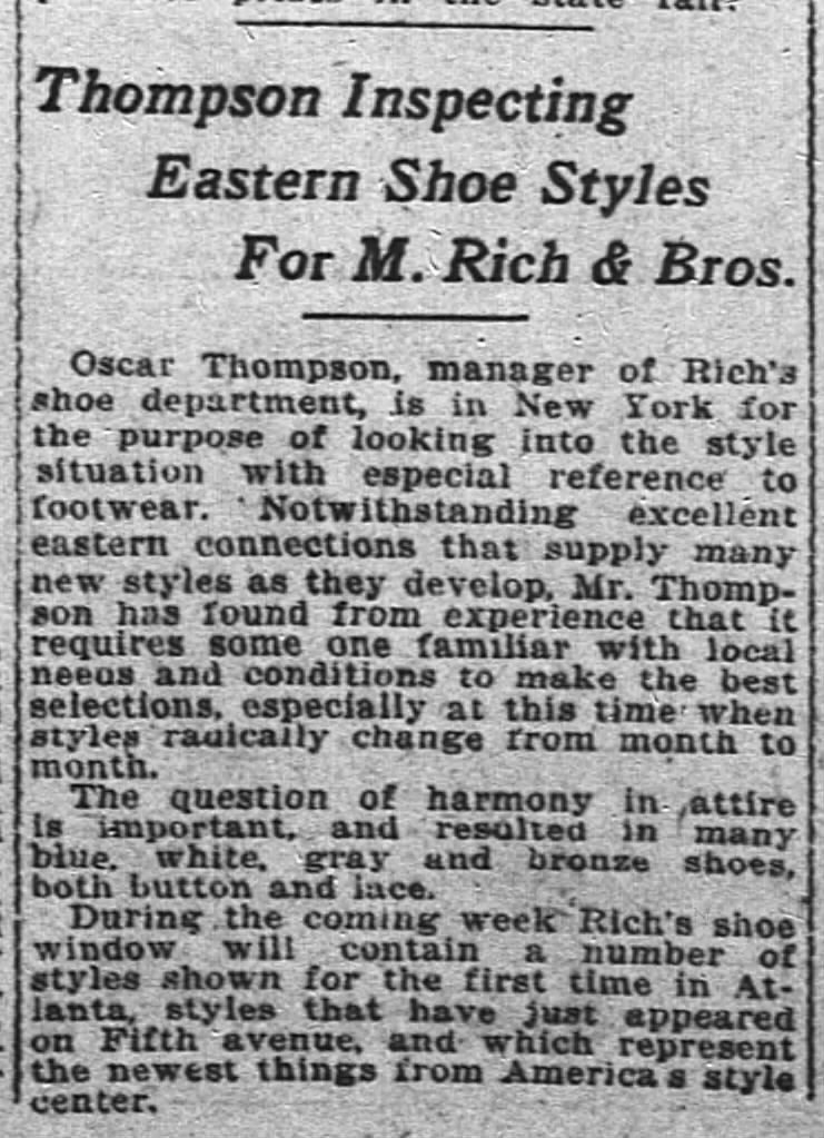 1915Oscar Thompson mgr Rich's Shoe Dept on buying trip