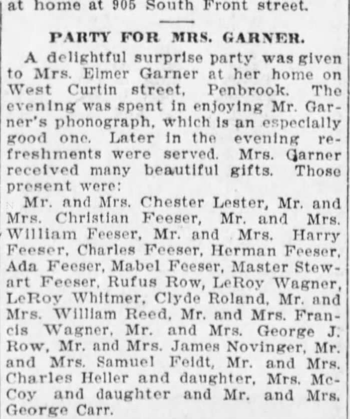 1907 Feesers LOTS attend party for Mrs Elmer Garner