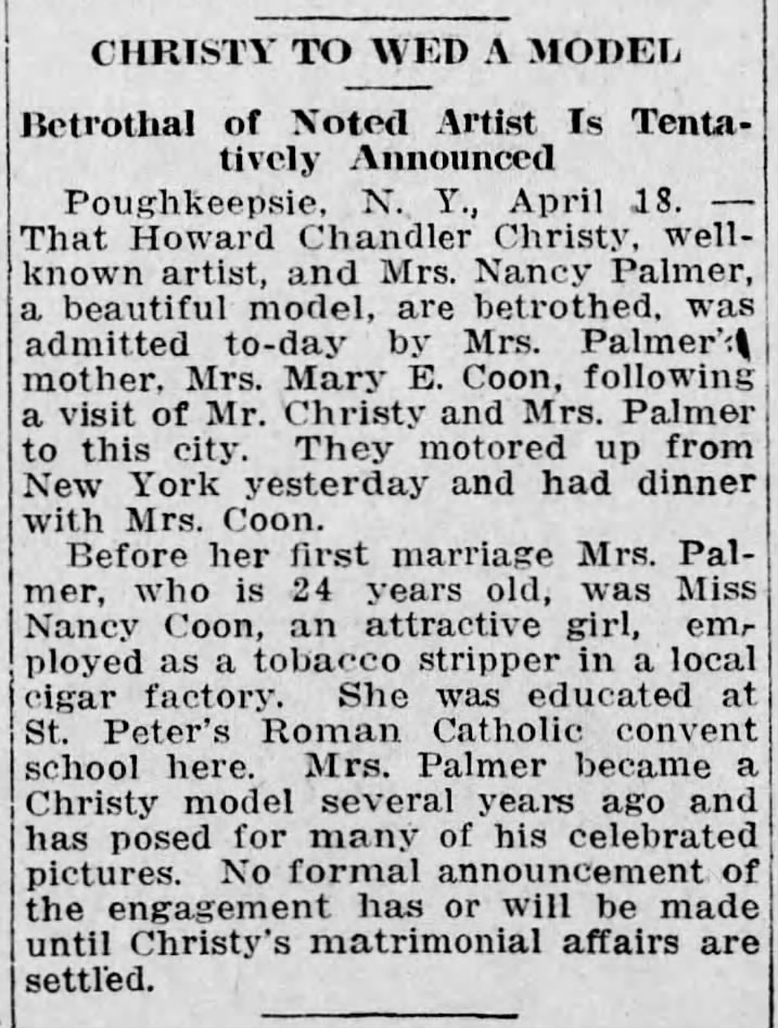 1916 Howard Christy announces betrothal to model Nancy Coon Palmer