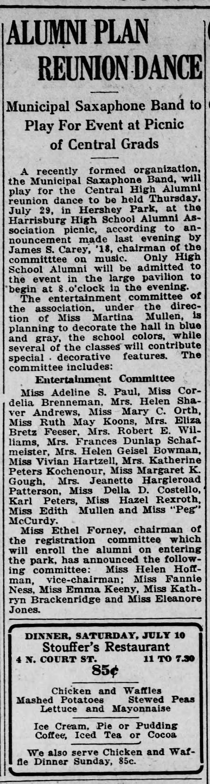 1920 Mrs Eliza Bretz Feeser on entertainment committee of Central High alumni reunion