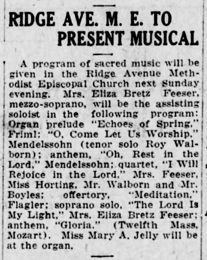 1925 Eliza Bretz Feezer solos and assists solos @ M Epis church
