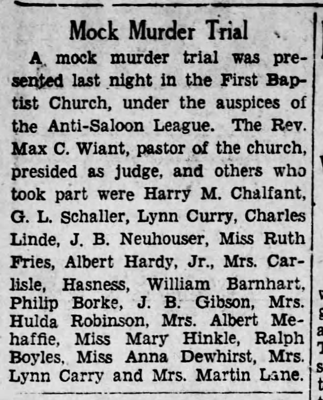 1929 Anti-Saloon League sponsors mock trial featuring Lynn Curry Jr