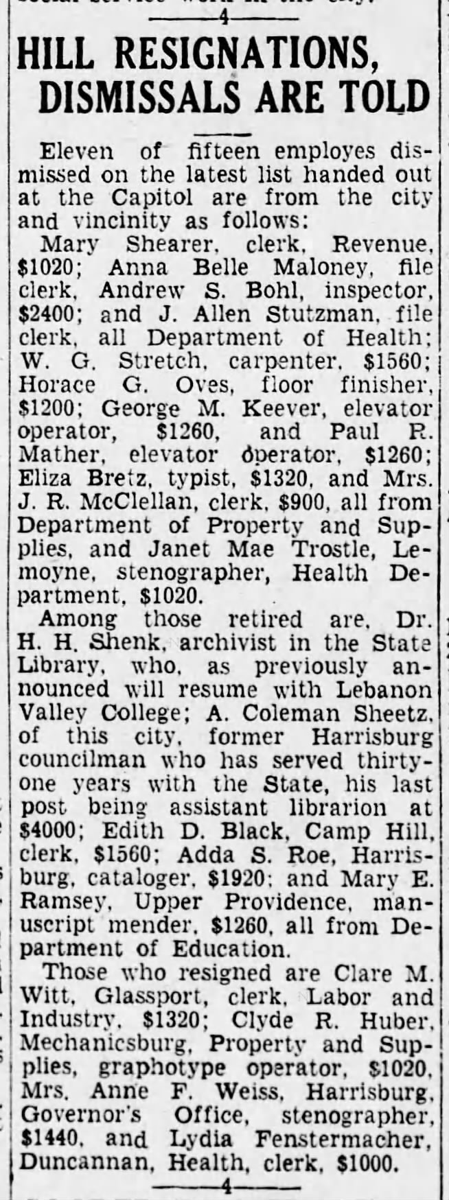 1933 Eliza Bretz typist dismissed from Capitol pd $1320