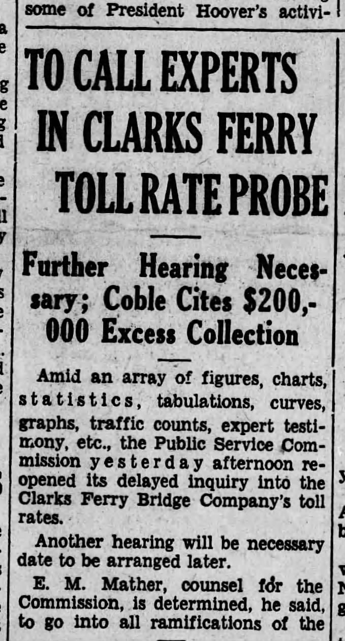 1930 Lynn Curry Sr testifies in Clarks Ferry toll rate probe pg1