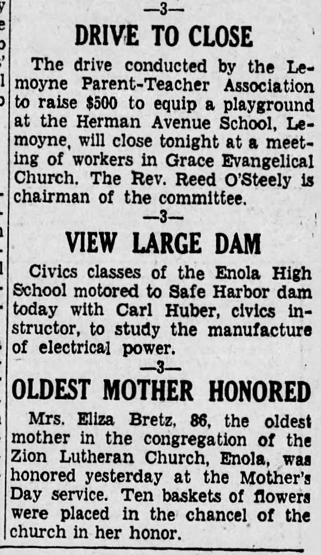 1936 Mrs Eliza Bretz oldest mother in Zion Lutheran in Enola at 86y