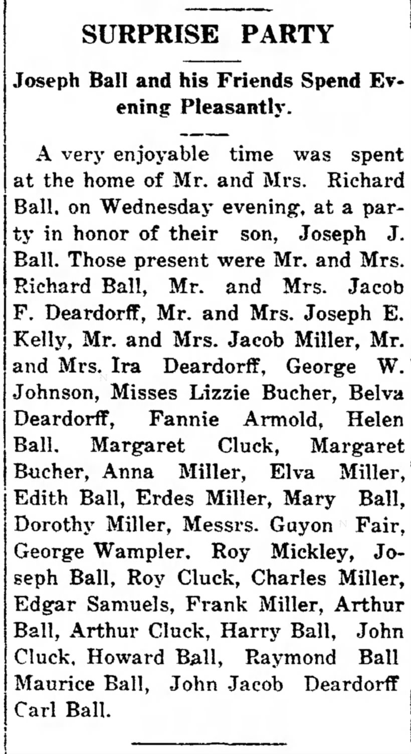 1915 Fannnie Armold attends party for Joseph J Ball