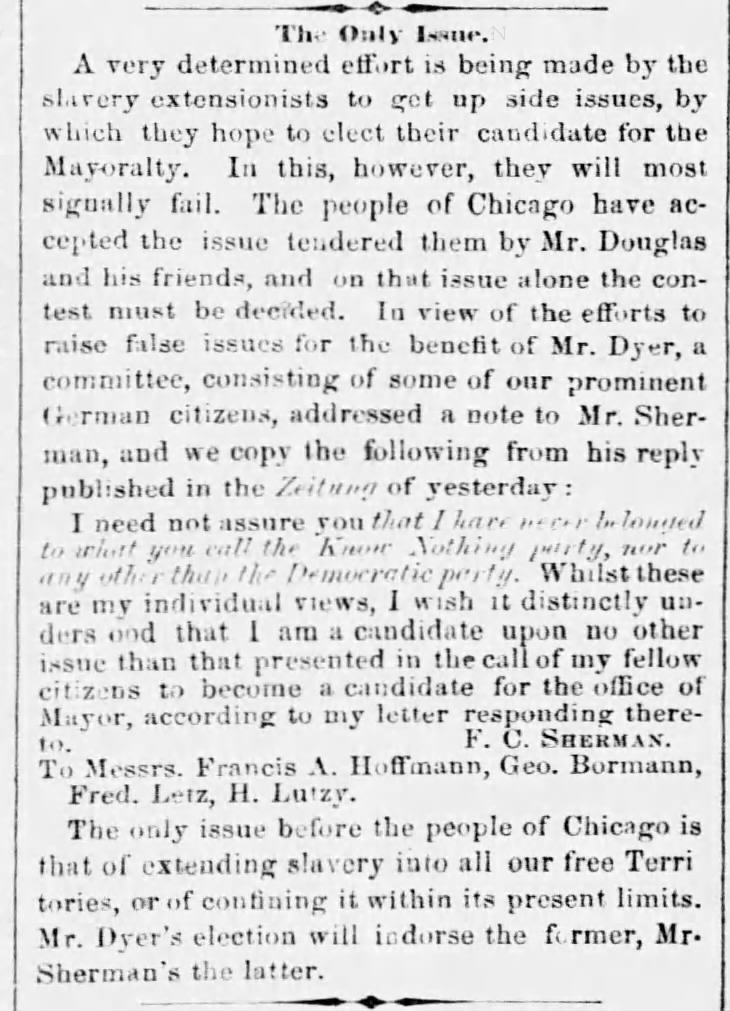 Thomas Dyer v F C Sherman Mayoral race Dyer a Douglas man 23 Feb 1856