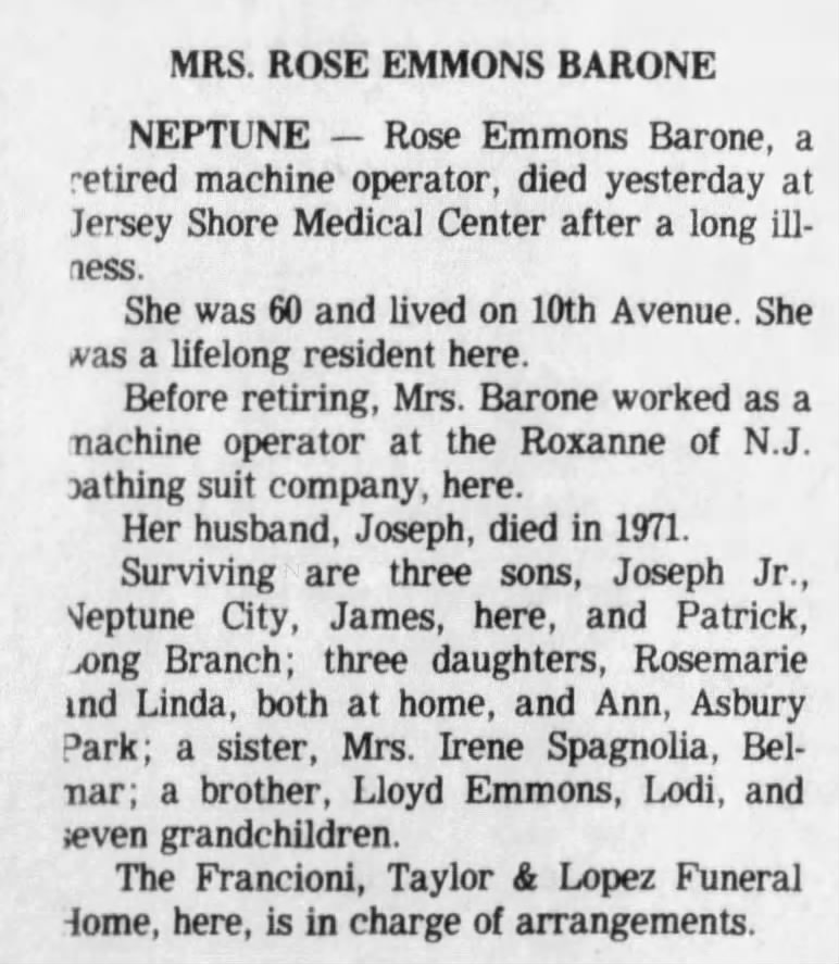 Rose Emmons Barone Obituary 8 Jan 1981