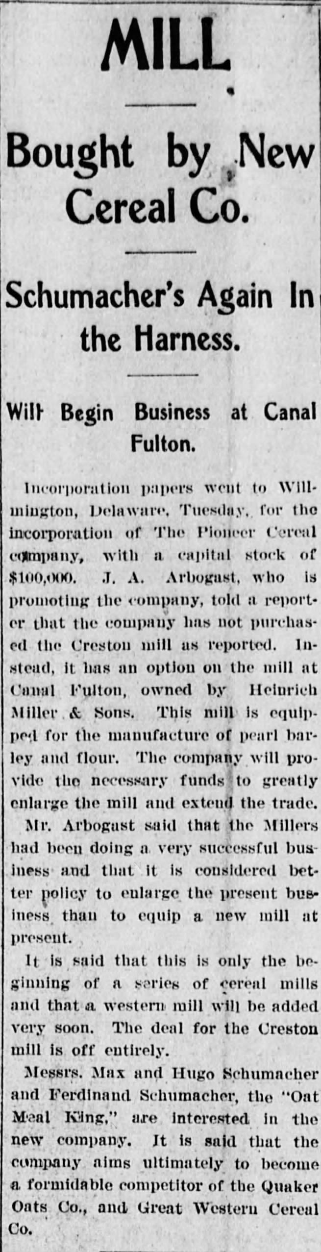 PIONEER Cereal Co. 1902.01.14 Start up by F. Schumacher