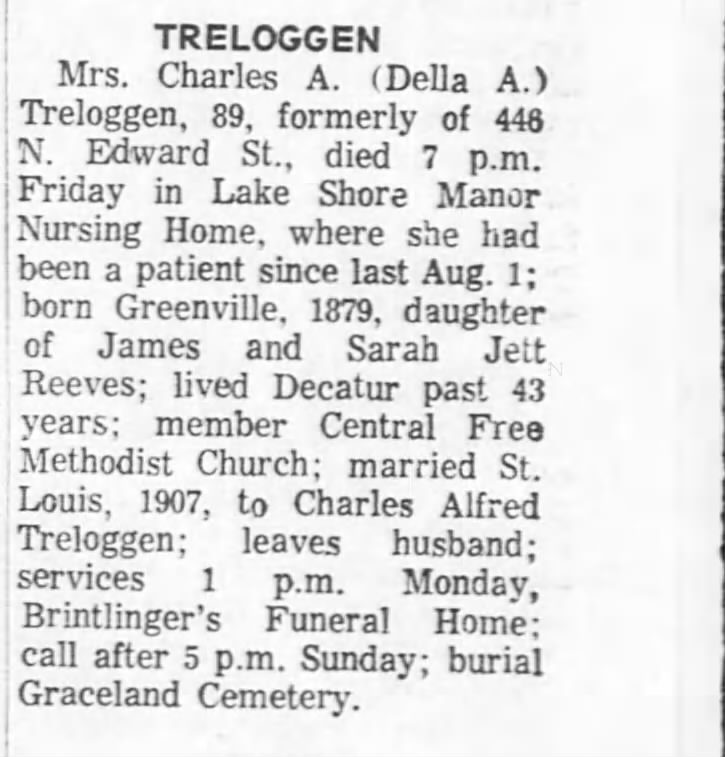 Della A Treloggen dies. Married to Charles Alfred Treloggen in 1907