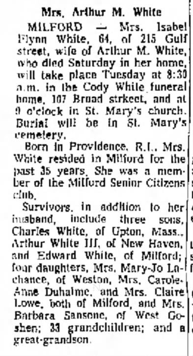 Nana's Obituary.  24 January 1977 Bridgeport Telegram