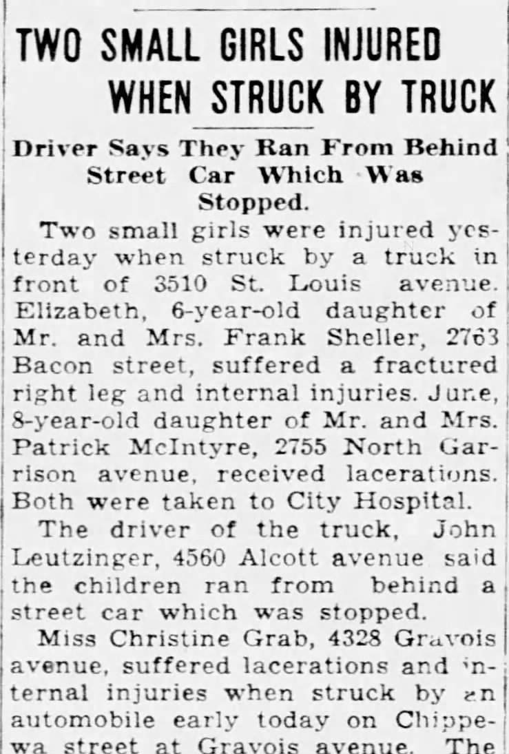 John Leutzinger's truck hits  and injures 2 young girls.  26 Sep 1934