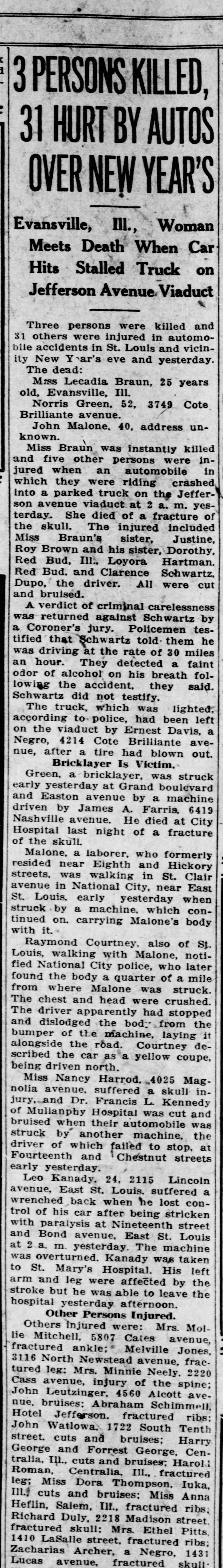John Leutzinger hit by an automobile over New Year's 1929.  Full article