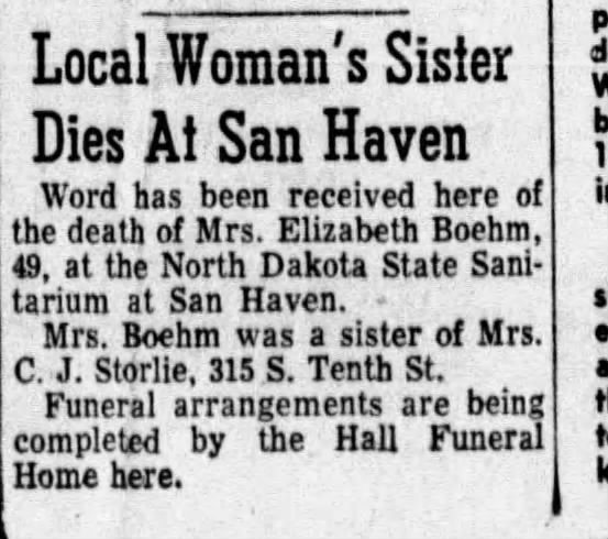 Elizabeth Senger Boehm death notice 1954