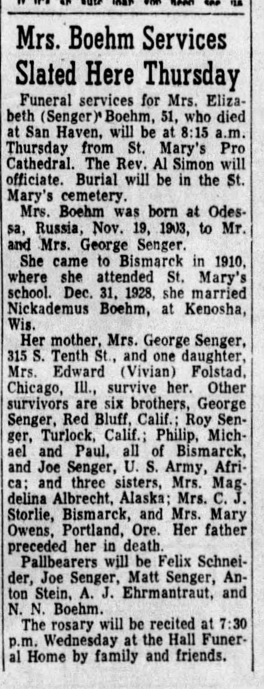 Elizabeth Agnes Senger Boehm obituary 1954