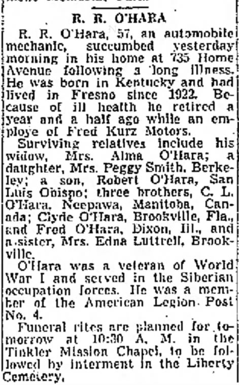 RR O'Hara obituary
The Fresno Bee
29 March 1948