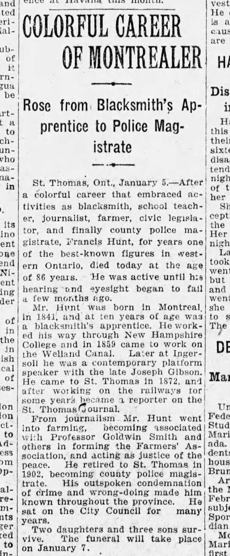 Frank Hunt obitGazette, Montreal Jan. 6, 1928 Friday, pg. 2