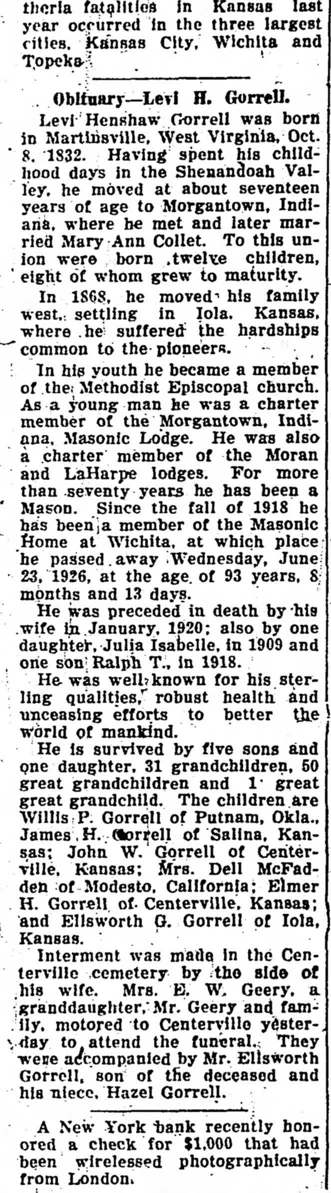 Levi H. Gorrell Obituary Iola Register 26 June 1926 Page 6 Col 1