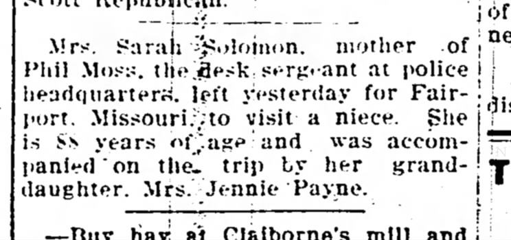 Sarah Solomon Visits Niece - The Iola Register 1 June 1910 Page 4