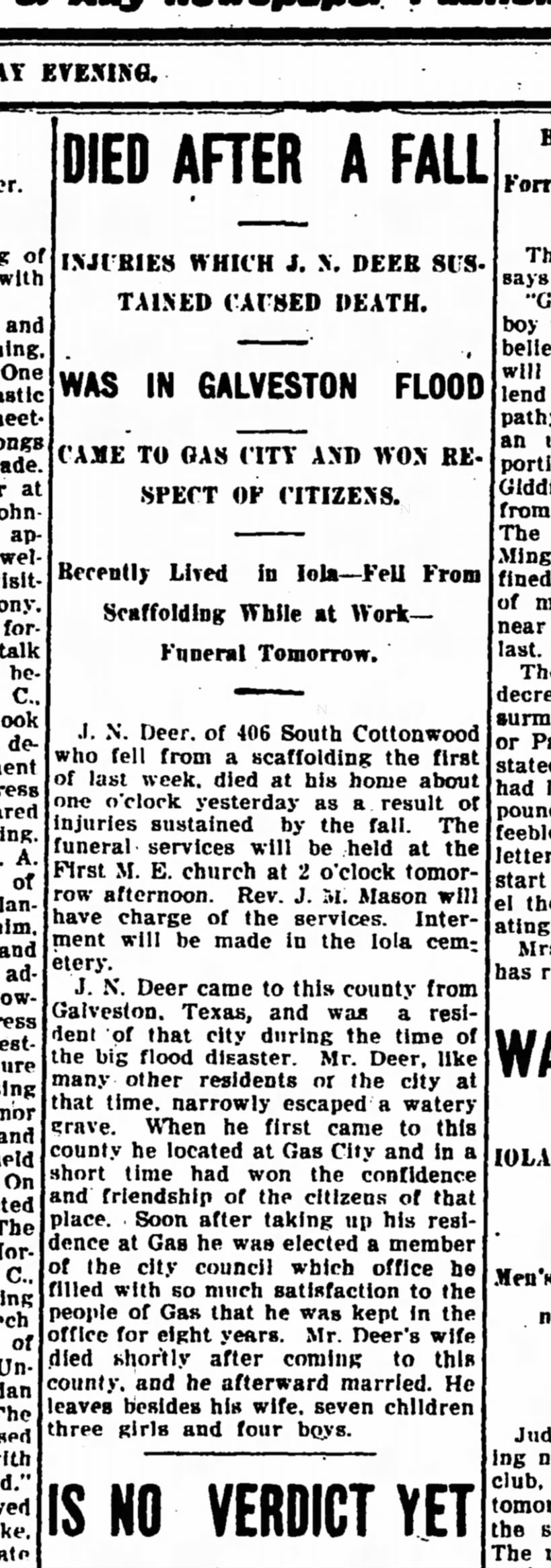 J. N. Deer - Obituary - The Iola Register23 Nov 1908 Page 1