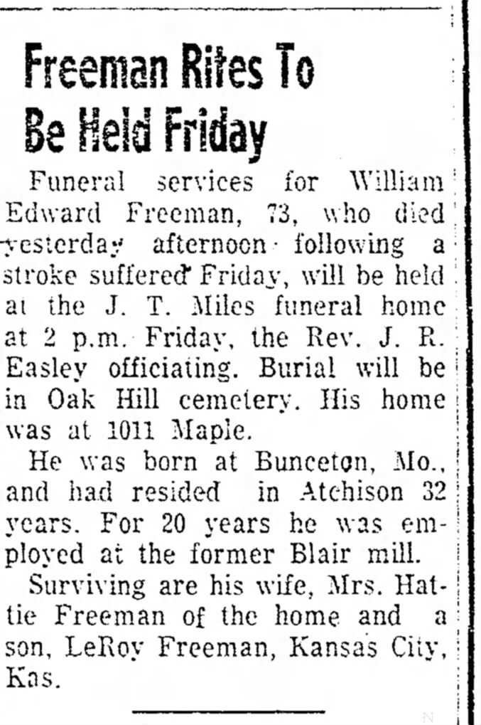 William Edward Freeman Obituary - The Atchison Daily Globe 18 June 1957 Page 2