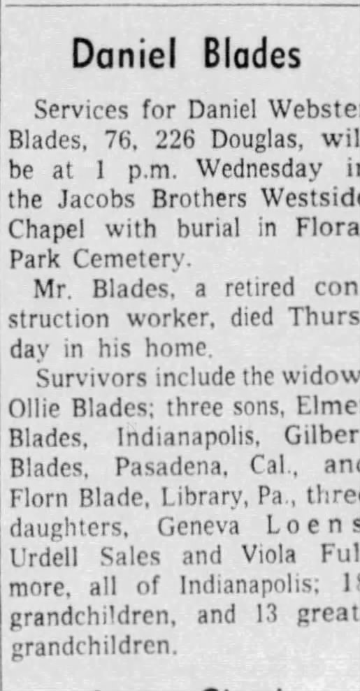 Daniel Blades Obituary 27 May 1961 The Indtianapolis News pg 7