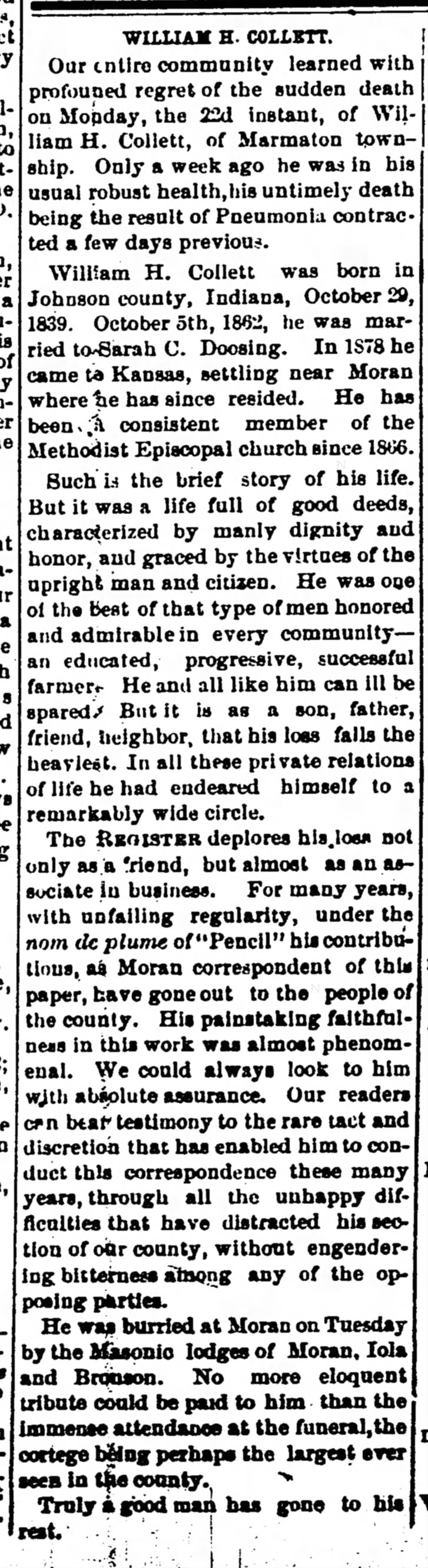 William H. Collett Obituary Iola Register 25 May 1888 Page 5 Column 6