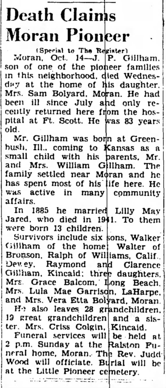 J. P. Gillham Obituary - The Iola Register 14 Oct 1949 Page 1