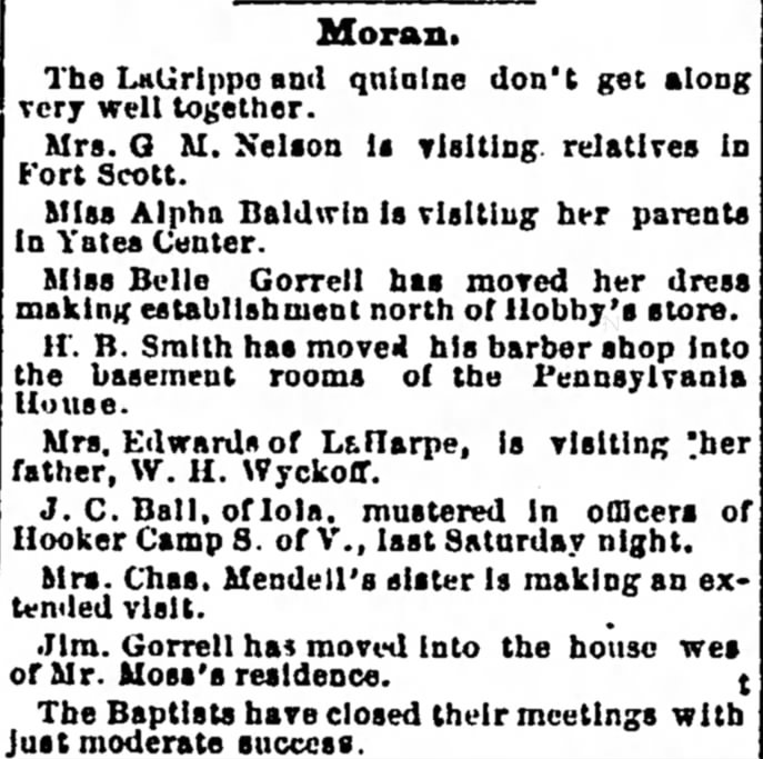 2 mentions - one of Belle Gorrell and one of Jim Gorrell - Iola Register 17 Jan 1890 Page 4
