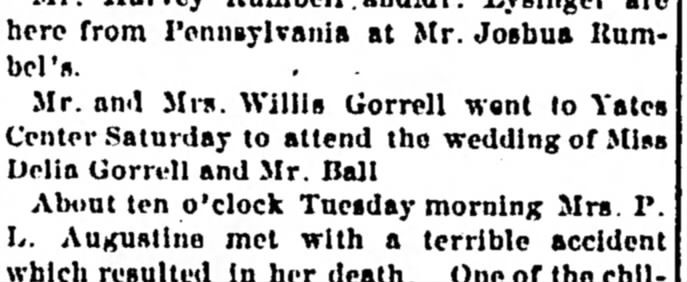 Mention of Delia Gorrell and Mr. Ball wedding Iola Register 13 March 1891 Page 4