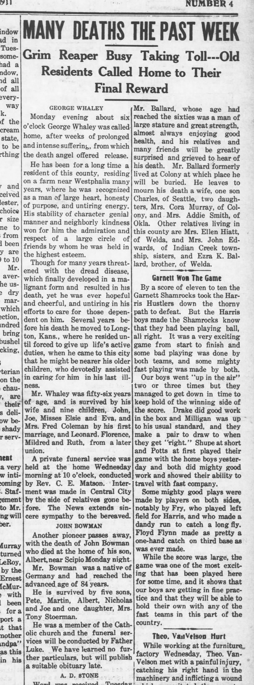 George Whaley Obituary 28 Jul 1911 Garnett Journal pg 1