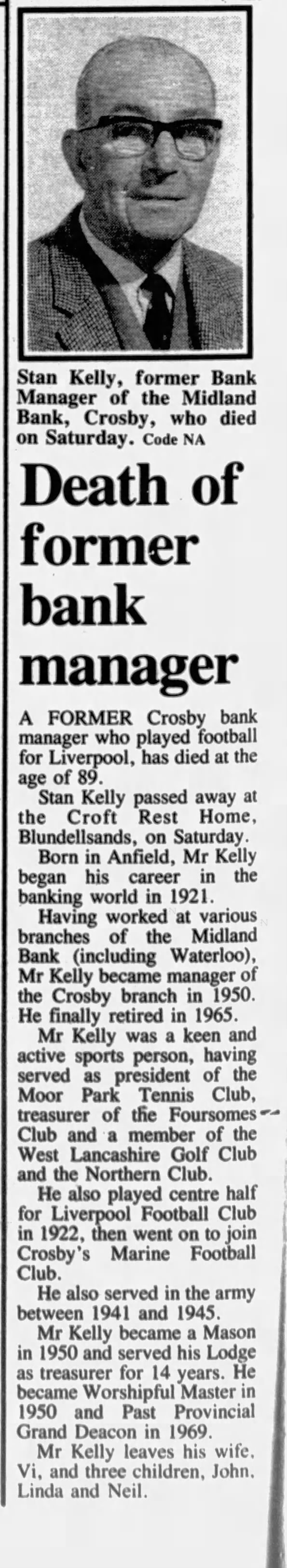 Stan Kelly Obituary in Crosby Herald 15 Apr 1993
