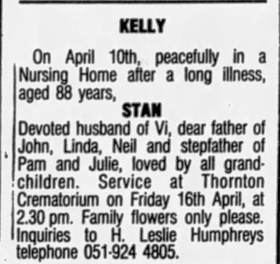 Stan Kelly Brief Obituary in Crosby Harold
