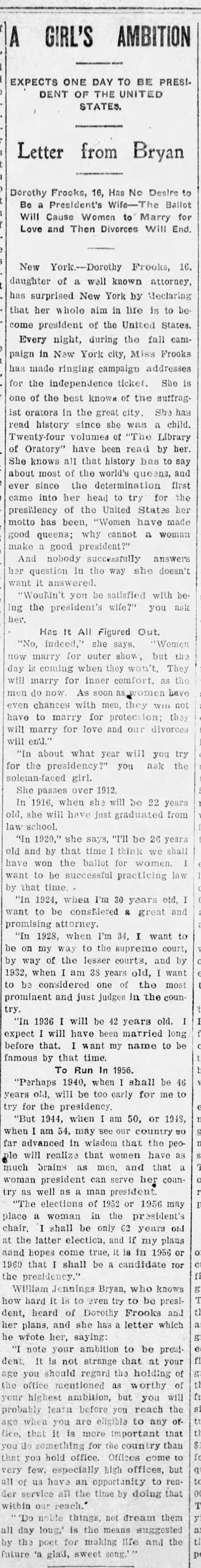 Dorothy Frooks wants to be president, 1910