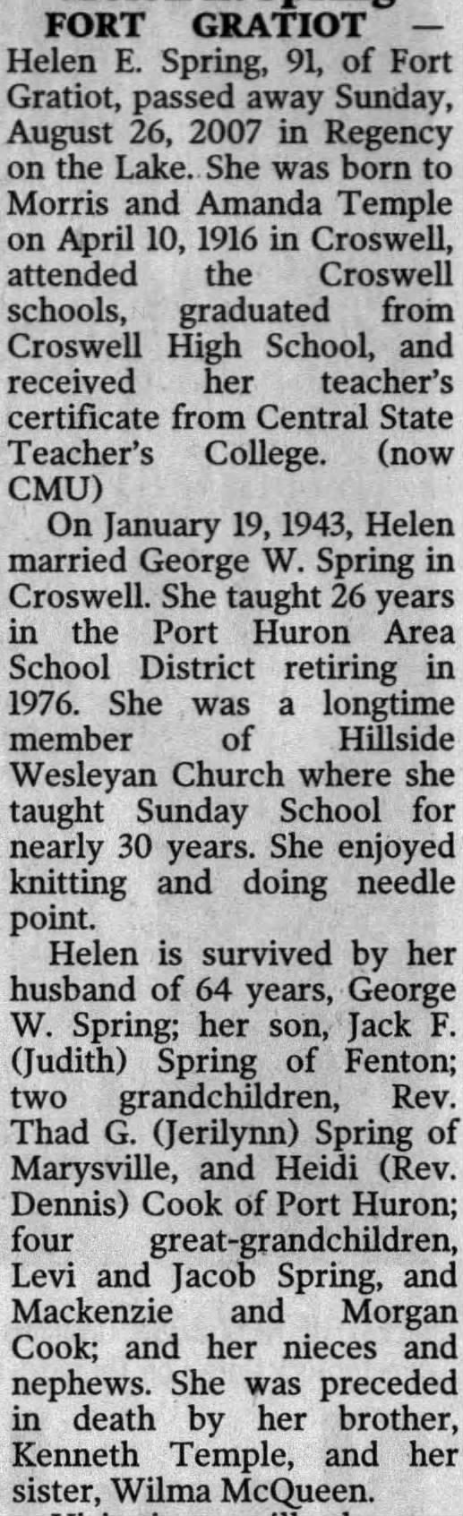 Helen E Temple Spring obituary