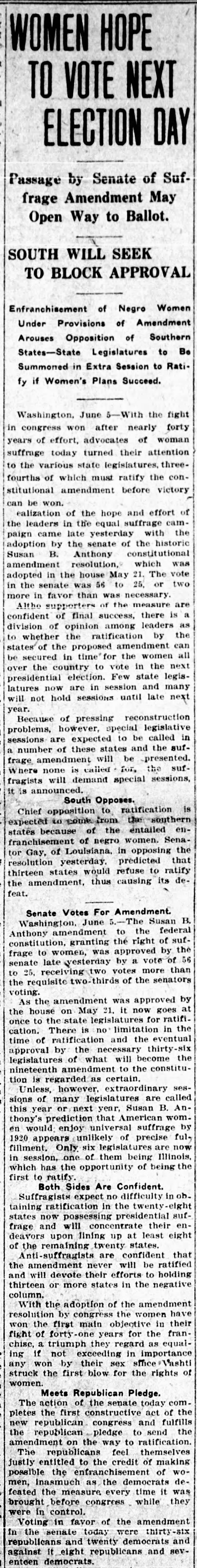 U.S. Senate passes the 19th Amendment; Amendment will now go to states for ratification, 1919