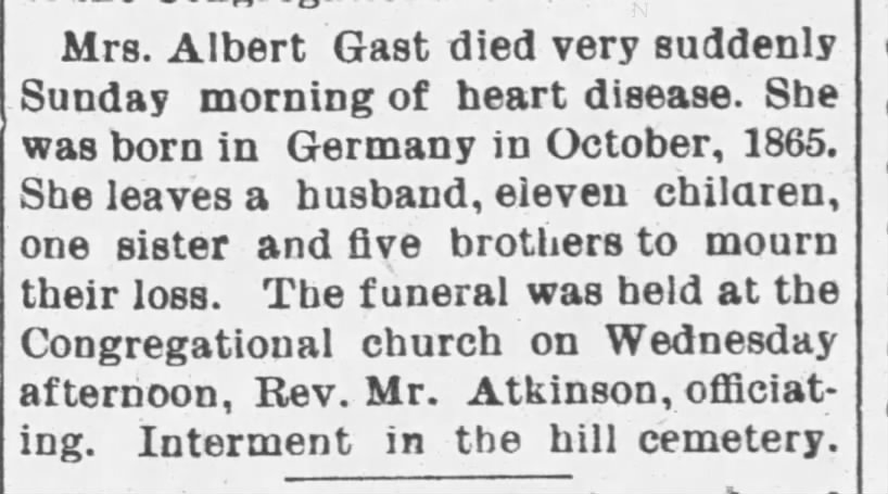 Mrs. Albert Gast (Anna) death notice