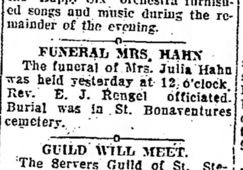 19230319 Olean Times Herald, Funeral for Julia Hahn