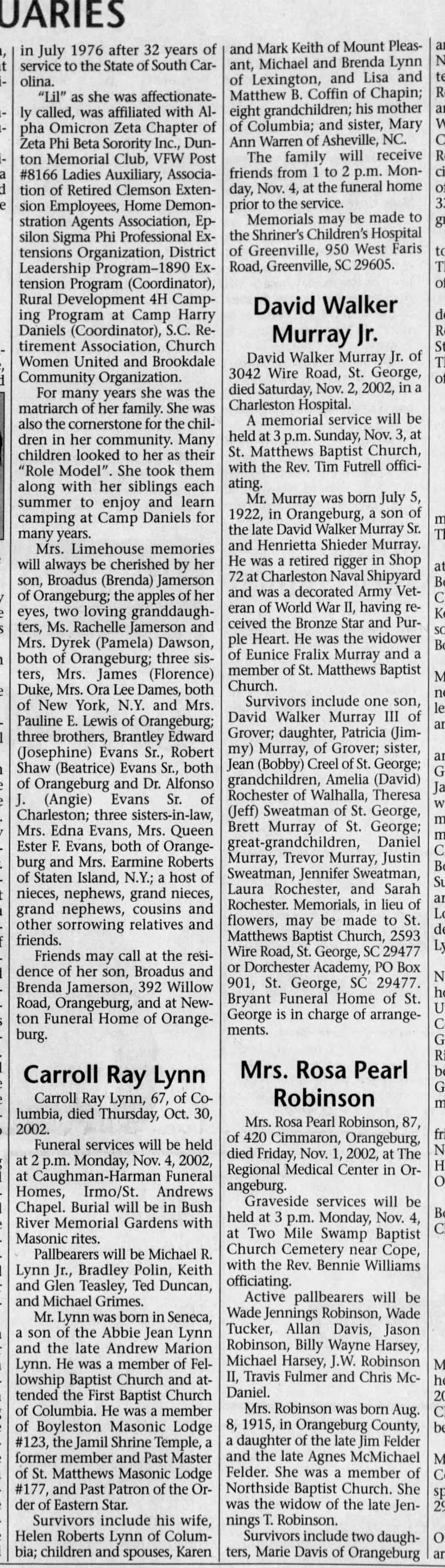 Carroll Ray Lynn Obituary from Nov 3 2002 Times and Democrat Orangeburg SC