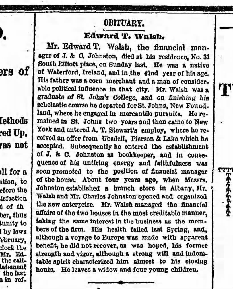 Edward T Walsh obit on 14 Mar 1883, Brooklyn Daily Eagle