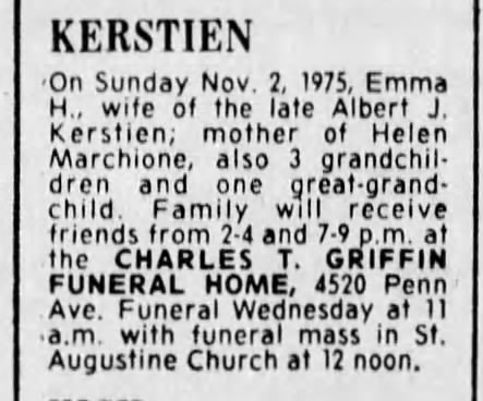 Emma Helen Pfeil Kerstien obit; the Pittsburgh Press, 4 Nov 1975, page 24
